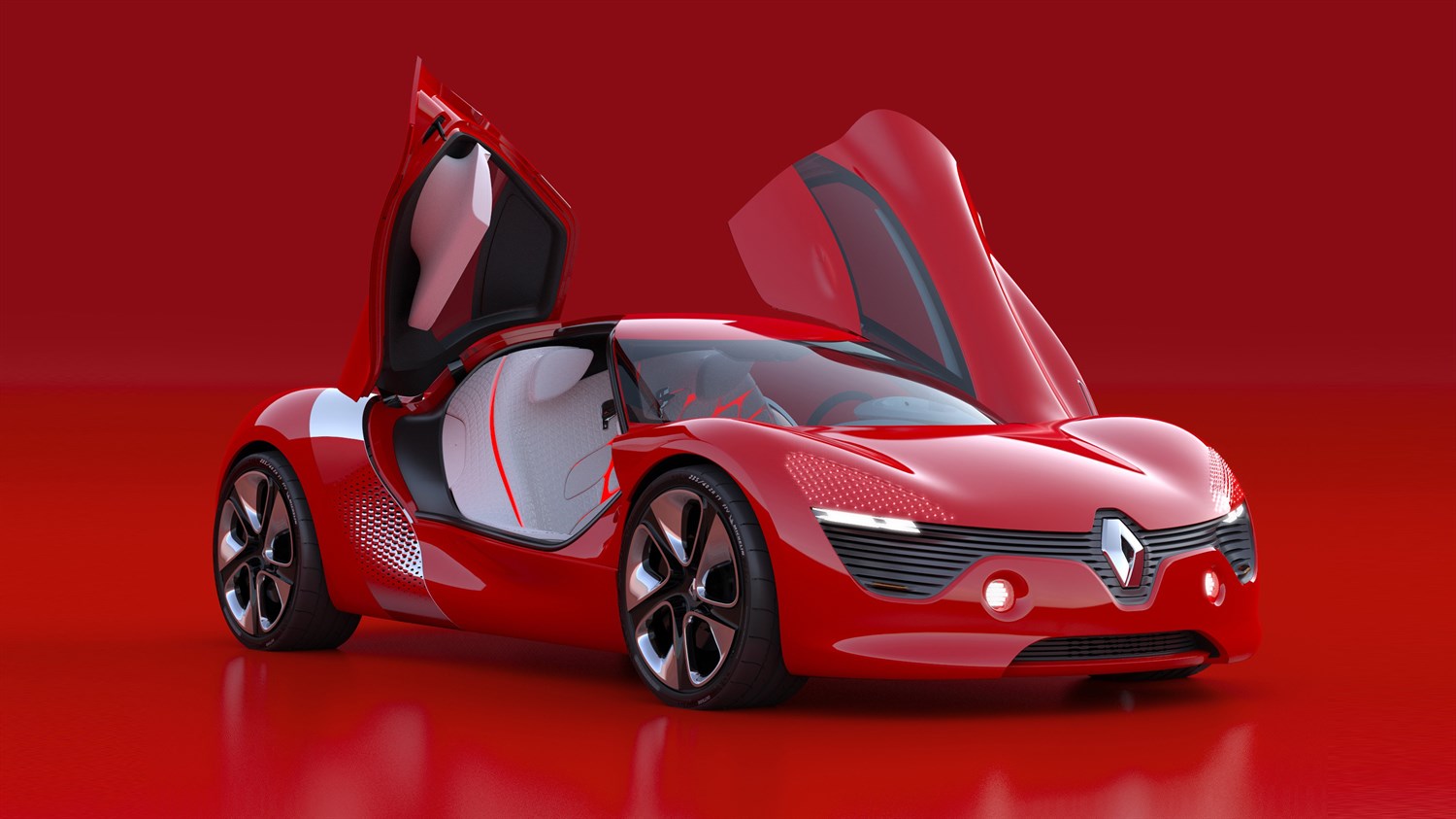 Renault DEZIR Concept - 3/4 front view on red background with side doors open 